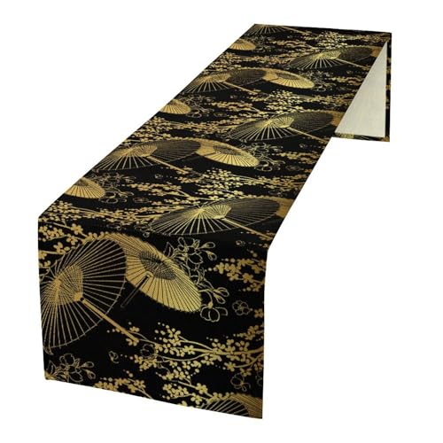 Japanese Table Runner, Gold Fan Umbrella Flower Pattern Traditional Asian Luxury Table Runner for Coffee Kitchen Dining Holiday Home Party 13x36in - color: Aisa-9, size: 13x36in