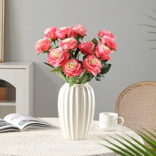 Tifuly Pink Roses Artificial Flowers -12 pcs Realistic Single Long Stem Fake Silk Roses Bouquet for Party Home Wedding Centerpiece Office DIY Decor - color: Gradient Pink