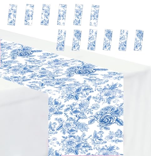 12 PCS Blue Floral Table Runner 14 x 108 Plastic Flower Table Runner for Party Birthday Baby Shower Bridal Shower Wedding Disposable Table Runners - color: Blue Floral Table Runner, size: 12 PCS