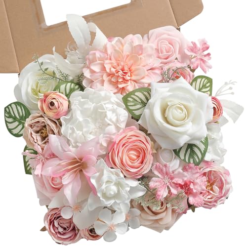 White Pink Artificial Flowers Silk Fake Roses Peonies Greenery Combo Box Set for DIY Wedding Bouquets Bridal Shower Centerpieces Floral Arrangements Party Tables Home Decoration - color: White & Pink