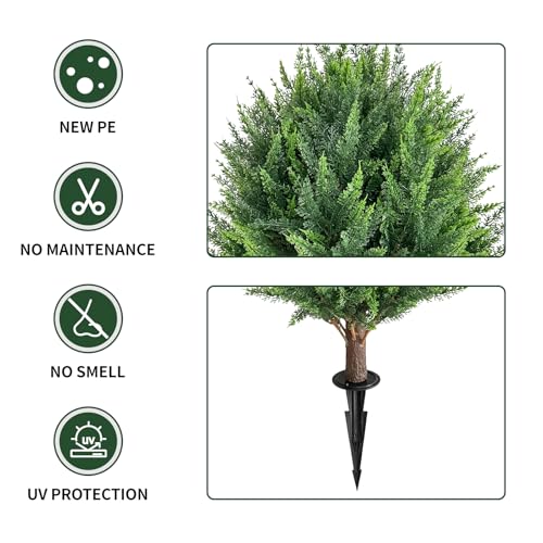 25Inch Artificial Cedar Topiary Ball Trees Set of 4 - UV Resistant Faux Shrub Bushes with Ground Spike, Indoor/Outdoor Artificial Plants for Front Porch, Garden, Patio & Planters - color: Green
