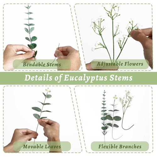 100PCS Artificial Eucalyptus Stems with Fake Baby's Breath Flowers Bulk, 3 Kinds Mixed Faux Silver Dollar Eucalyptus Leaves Greenery Stems for Wedding DIY Bouquets Floral Wreath Home Decor