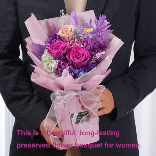 lovenfold Preserved Flowers for Delivery, Purple Rose Bouquets That Last 1-3 Years, Birthday Flowers Gifts for Women Mom Grandma Wife Friends - color: violet