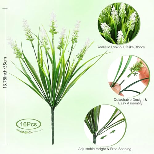AmyHomie Artificial Plants & Flowers for Outdoors – 16 Bundles White Fake Lavender Flowers & Monkey Grass, UV Resistant Faux Greenery for Patio, Porch, Planter, Garden and Window Decor - color: Lavender White, size: 16