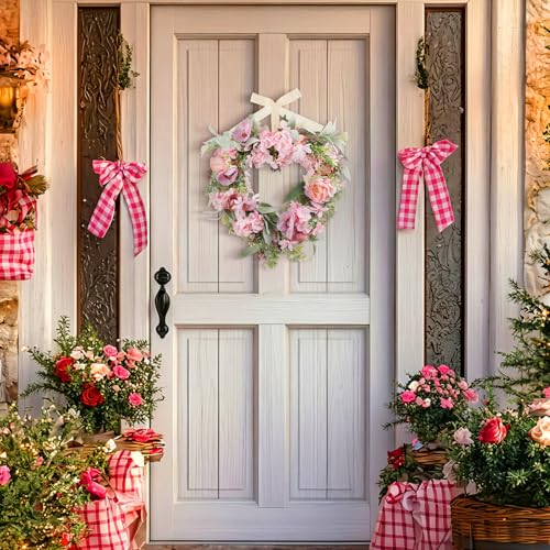 Suncalla 17.7 Inches Heart Shaped Hydrangea Wreath Pink Valentine's Day Floral Wreath with Ribbons Artificial Hydrangea Wreaths for Christmas Party Gifts Front Door Valentine's Day Wedding Decoration - style: Hydrangea