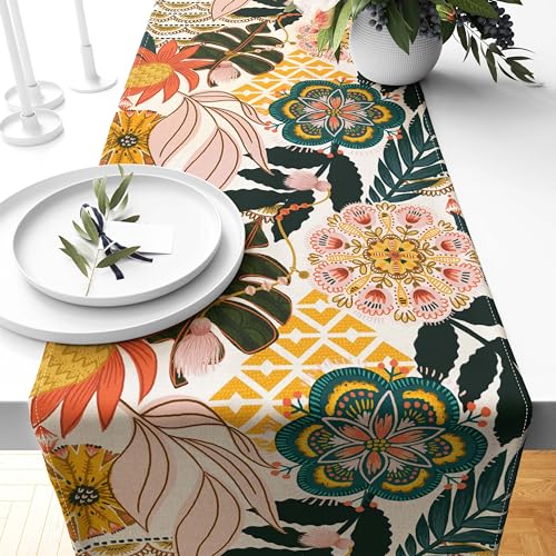 Boho Floral Table Runner Vintage Flower Tropical Leaves Kitchen Dining Table Decoration Botanical for Indoor Outdoor Home Party Decor Supplies, 13 x 72 Inch