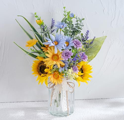 LUEUR Artificial Silk Sunflower with Vase Fake Flowers in Vase Centerpiece Coffee Table Decor, Fake Plant Blue Daisy Flower Arrangement for Spring & Summer Decorations Indoor Home Office Living Room - color: Yellow
