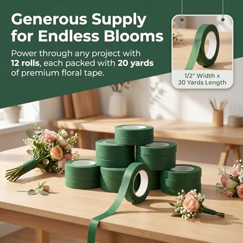 Floral Tape for Flower Arranging - 12 Rolls 1/2" x 20Yd Red Self-Sealing Florist Tape, Adhesive Wrap for DIY Bouquets, Eternal Roses & Craft Stems - color: 12 Rolls Red