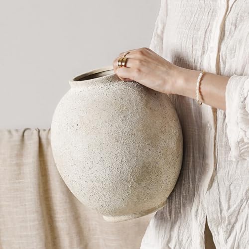 Large White Ceramic Vase - 9.8 Inch Rustic Farmhouse Flower Vase for Home Decor, Minimalist Tall Vases for Living Room, Table, Bathroom, Holiday & Weddings (Sandstone Yellow) - color: Sandstone Yellow, size: 9.8 Inch
