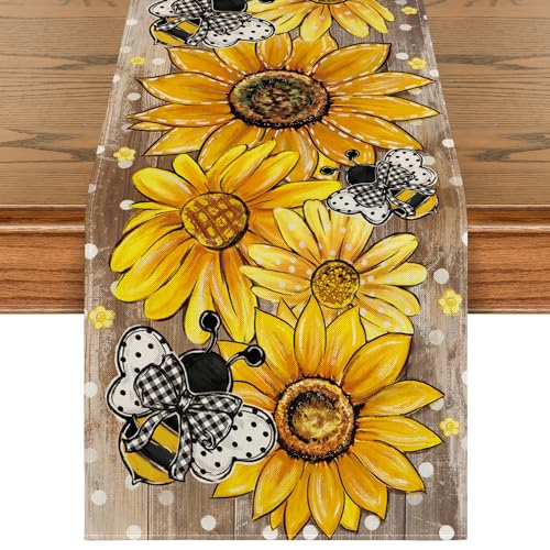 Artoid Mode Wood Sunflower Bee Flower Polka Dot Summer Table Runner, Seasonal Kitchen Dining Table Decoration for Home Party Decor 13x120 Inch - color: Wood, size: 13" x 120", Table Runner