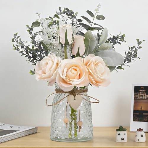 Fake Flowers with Vase Silk Rose Flowers in Vase Eucalyptus Flowers Arrangement Suitable for Home Office Decoration, Dining Table Centerpiece (Rose-Champagne) - color: Rose-champagne