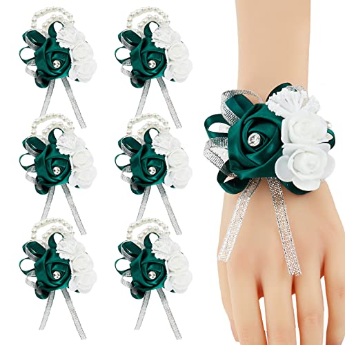 6pcs Green Wedding Wrist Corsages Artificial Silk Rose for Women | for Wedding Formal Dinner Party Homecoming Ceremony Anniversary, Wrist Corsages with Pearls - color: 6pcs Green Wrist Corsages