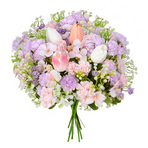 Florielle Artificial Hydrangea Bouquet Fake Silk Flower with Faux Tulips Baby's Breath for Spring Summer Wedding Centerpieces Home Decor Party Table Floral Arrangements (Purple Pink) - color: Purple Pink