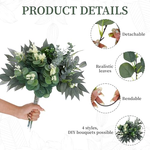100 Pcs 4Kinds Artificial Mixed Eucalyptus Stems Leaves Bulk Fake Greenery Silver Dollar Eucalyptus Leaves Bundle Faux Greenery for Centerpieces Artificial Greenery for DIY Vase Home Decor Wedding