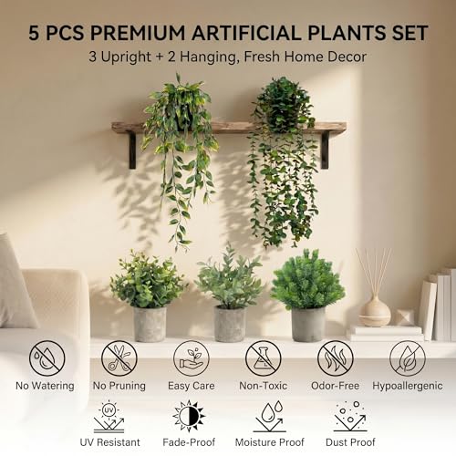 Artificial Hanging Plants 5 Pack – Small Fake Potted Ivy Plants for Indoor or Outdoor Décor, Wall Shelf Home Office Room Decoration, Realistic Faux Plants with Planters - size: 5-pcs-5in1