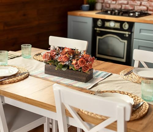 Dahey Centerpiece Table Decorations for Dining Room Farmhouse Living Room Fall Table Centerpieces Decor Wood Tray with 3 Artificial Flowers and 2 Eucalyptus for Kitchen Table, Orange - color: Orange
