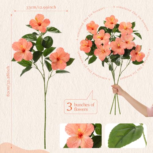 Hotop 3 Pack Artificial Hibiscus Flowers 33"x13" Silk & Plastic Tropical Bouquets Lifelike Blooms with Bendable Stems Faux Hawaiian Flowers for Home Living Room Wedding Patio (Orange) - color: Orange