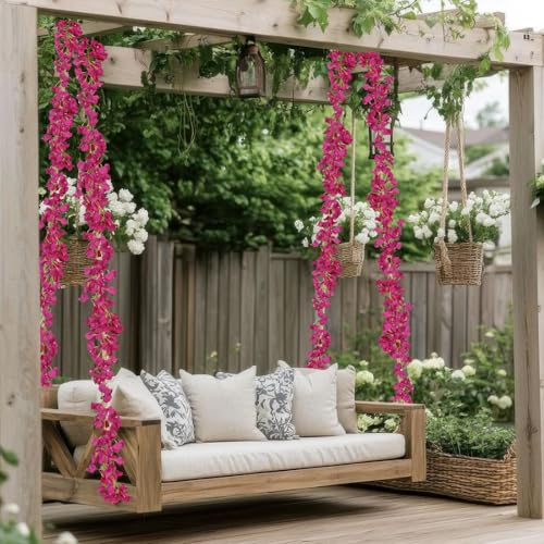 2 Pcs Artificial Bougainvillea Flowers Garland Fake Silk Bougainvilleas Vines Trailing Fuchsia Faux Hanging Flowers Plants Bougainvillea Artificial for Porch Wedding Arch Spring Summer Decor - color: Fuchsia