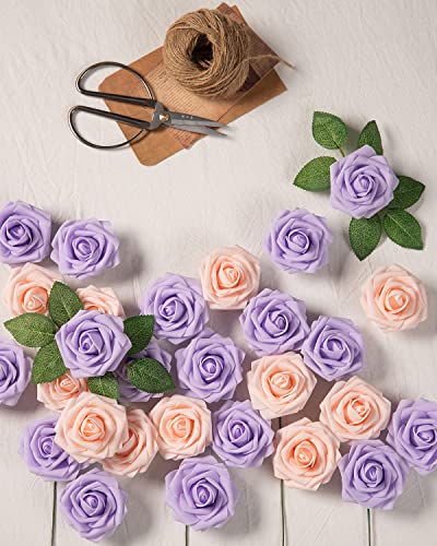 DuHouse 25Pcs Artificial Roses Flowers Fake Rose with Stems Real Touch Foam Flower Head for DIY Wedding Bridal Bouquet Baby Shower Centerpiece Floral Arrangement Party Home Decor(Lilac) - color: Lilac, size: 25pcs