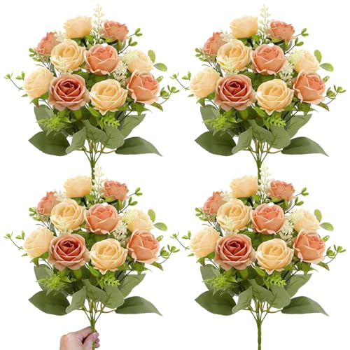 TURNMEON 40 Heads Fake Roses Artificial Flowers for Outdoors Summer Decor, 4 Bouquets UV Resistant Fake Cemetery Flower Bouquet Faux Silk Roses for Wedding Birthday Home Cemetery Decor(Champagne) - color: Champagne