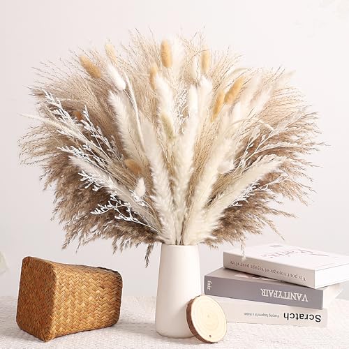 Dried Pampas Grass Bouquet White and Brown Boho Floral Arrangement Wedding Decor and Rustic Home Decor Faux Pampas Grass Tall Centerpiece for Table and Vase (Natural Harmony) - color: Natural Harmony
