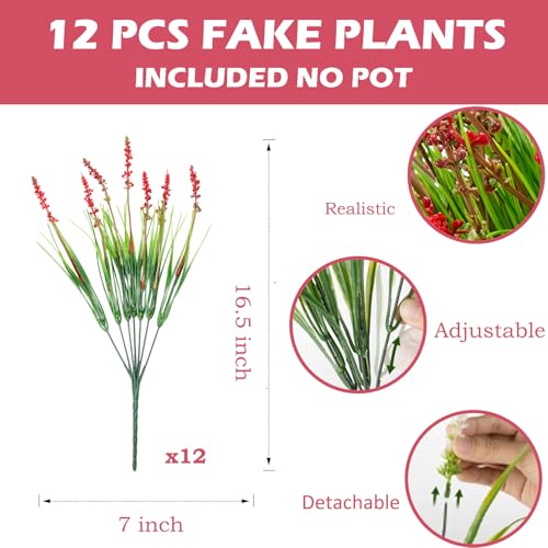 Outdoor Faux Plants, 12 Pcs Fake Plant UV Resistant Monkey Grass Lavender Flowers, Artificial Greenery Shrubs Bush for Outside Planter Patio Garden Front Porch Door Yard Spring Summer Decor, Red - color: Red