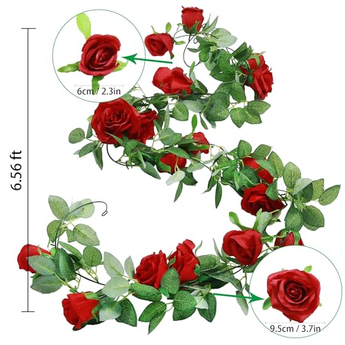 Felice Arts 2 Pack Red Artificial Rose Garland, Each 6.5FT Fake Flower Hanging Vines for Wedding Table Teepee Mirror Home Party Decor - color: Burgundy