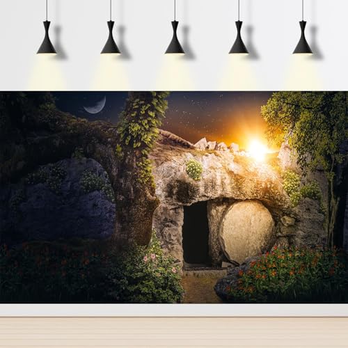 Empty Stone Tomb Photography Backdrop Crucifixion of Jesus Christ Holy Lights Cross Background God Bless Jesus Christian Pray Easter Background Church Sanctuary Backdrop Banner Decors 5x3ft - color: Black_Green, size: 5x3ft