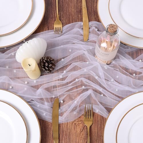 Gauze White Pearl Table Runner 10FT Sheer Spring Summer Pearl 120 Inch Valentine’s Day Tulle Table Runner for Dining Anniversary Wedding Table Decor for Home Party Decorations - color: White Pearl, size: 10 ft × 1 pc