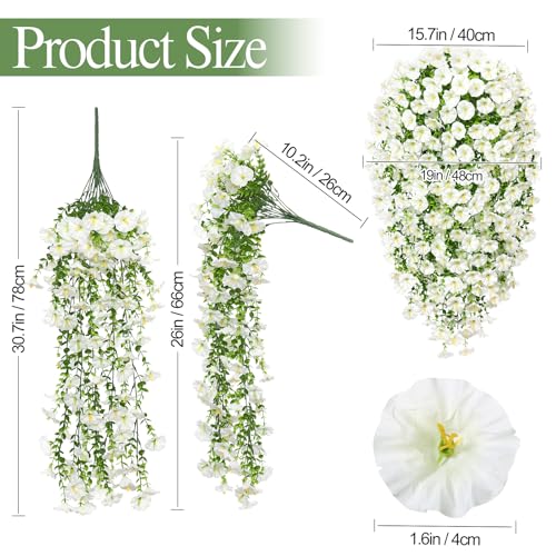 TOCHGREEN Artificial Fake Hanging Flowers Plants for Outdoor Decoration 2PCS Faux Silk Morning Glory Flowers UV Resistant Hanging Plants for Home Porch Patio Garden Decor (4PCS, White) - color: White, size: 4PCS