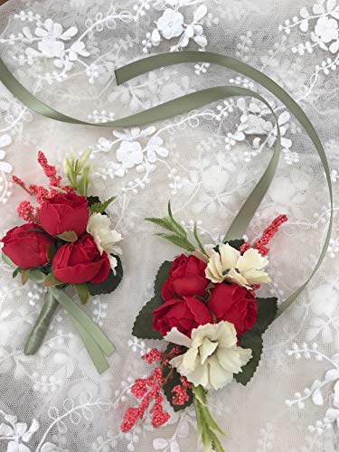 Rose Wedding Wrist Corsage and Boutonniere Set Party Prom Hand Ribbon Flower Suit Decor (Red) - color: Red