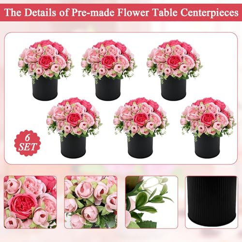 Pre-Made Flower Table Centerpieces, Set of 6 Artificial Silk Peonies with Black Vases for Wedding Reception, Modern Floral Decor for Birthday Party, Anniversary Ceremony - Hot & Pastel Pink - color: Hot Pink & Pastel Pink