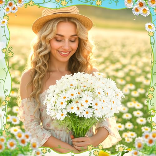 Giegxin 100 Pcs Artificial Daisy Flowers Bulk Realistic Fake Daisies Faux Wildflower Daisy UV Resistant Silk Fake Flowers Plants for Outside Wedding Garden Home Table Decor (White) - color: White