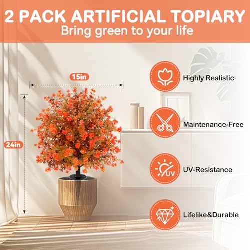 ENVEN Artificial Topiary Ball Trees with Ground Spikes UV Resistant Faux Greenery Shrubs Fake Shrubs for Outdoors, Realistic Faux Plants Bushes for Garden Porch Yard Patio Decor (Orange Eucalypt) - color: Orange Eucalypt