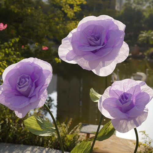 Giant Roses Artificial Flowers for Decoration with Stand,Oversized Handmade Paper Rose Decoration for Wedding, Party, Window Display, Photography Prop, Valentine’s Day & Event Decor(Purple) - color: Purple