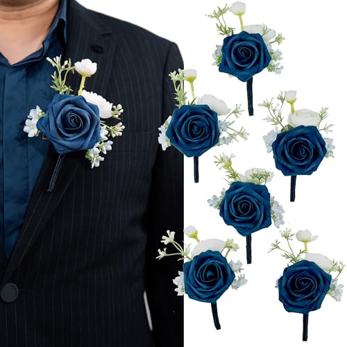 Navy Blue Boutonniere for Men,Prom boutonnieres,Groom and Groomsmen Boutonniere for Wedding Ceremony Anniversary, Formal Dinner Party and Grad Night (Set of 6) - color: Navy Blue, size: set of 6