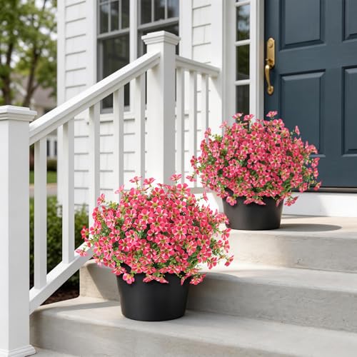 2 Set of Artificial Morning Glory & Eucalyptus Topiary Trees - Faux Silk Flower Potted Plants, UV-Resistant Fake Outdoor Morning Glory Bushes for Front Door, Yard, Farmhouse, Garden Decor (Rose Red) - color: Rose Red