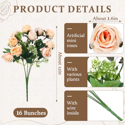 Zeyune 16 Bunches 12 Inch Champagne Artificial Mini Rose Bouquet, Total 160 Heads Fake Silk Rose Flowers Bulk, Bridal Bouquet for Wedding, Bridal Shower, Home & Office Table Decor - color: Champagne