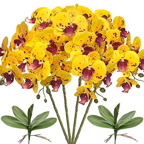 FagusHome 32" Artificial Phalaenopsis Flowers 4 Pcs with 2 Bundles Leaves Artificial Orchid Flowers Stem Plants Fake Butterfly Phalaenopsis Flowers for Home Wedding Party Décor (Yellow Piebald) - color: Yellow Piebald