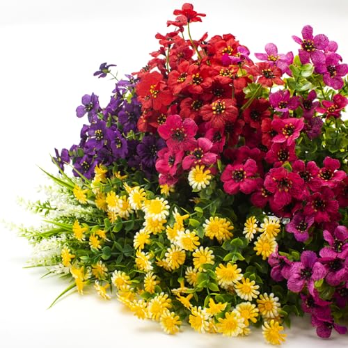 Grunyia 20 Bundles Artificial Flowers Outdoor No Fade UV Resistant Fake Plastic Flowers Faux Plants for Garden Patio Porch Window Box Home Wedding Farmhouse Hanging Décor - color: Mix