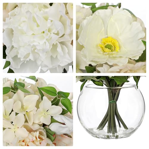 Artificial Flower in Vase, Faux Silk Flowers Arrangement Peony Hydrangea Poppy Eucalyptus Bouquet with Faux Water, Fake Floral Centerpiece for Dining Table Home Decor Wedding Office Shelf - White - color: White