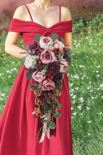 Serwalin 10 Inch Wedding Bouquets for Bride Bridesmaid, Burgundy Pink Bridal Bouquets for Bride, Artificial Bouquets of Flowers for Wedding Ceremony Bridal Shower and Anniversary Day Decor - color: Attractive Burgundy Pink