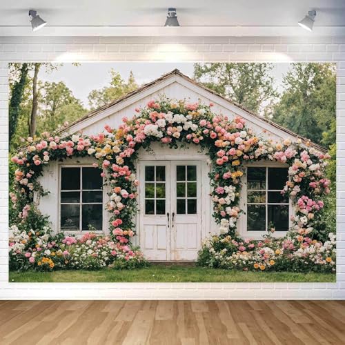 7X5ft Flower Backdrop Floral Retro House Photography Backdrops Rustic Garden Style Decoration Wedding Portrait Background Studio Photo Booth Props - color: Multi2, size: 7X5ft