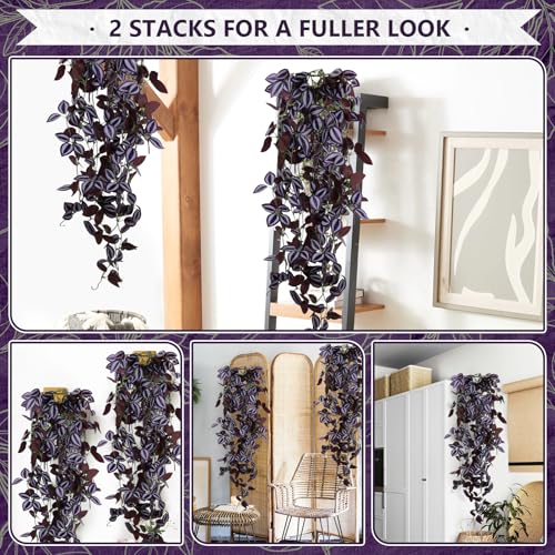 2-Pack Fake Hanging Plants, Faux Hanging Plant Artificial Greenery for Living Room Bedroom Boho Wall Shelf Indoor Outdoor Decor (Purple-Eyed Hairy Leaf) - color: Purple-eyed Hairy Leaf