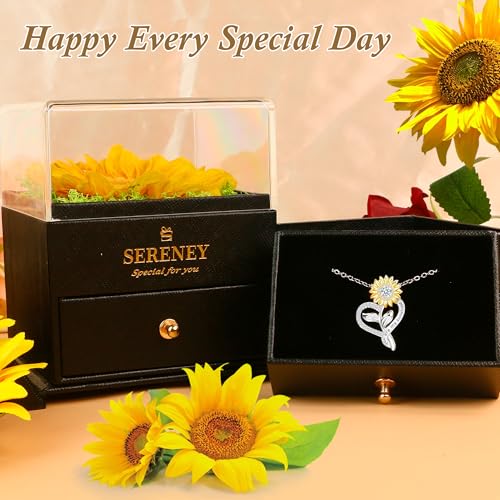 Sereney Preserved Sunflower Gifts for Women, Sunflower Necklace You are My Sunshine as Christmas Day Gift for Her, Silver Necklace Anniversary Birthday Gifts for Wife Daughter Girlfriend