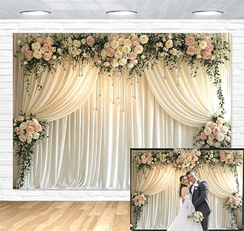 IndoTribe White Floral Wedding Decorations Backdrop 6x4ft – Flower Wall Backdrop for Photoshoot, Wedding, Anniversary Banners, Birthday, Baby Showers – Floral Printed Cloth Fabric