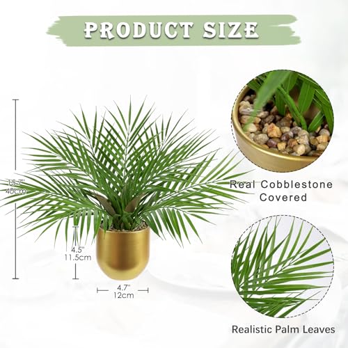 Briful Fake Plant 15.7’’ Artificial Palm Plant in Gold Pot Real Touch Faux Tropical Palm Tree Houseplant for Home Indoor Living Room Tabletop Balcony Decorations - color: 15.7'' Tall Gold