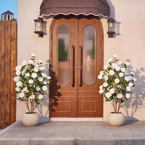 VeriNatural 48" Artificial Camellia Tree 2-Pack, Faux Silk Flowers in Cement Pot, Lifelike Greenery, No Maintenance, Perfect for Indoor/Outdoor Home Office Porch Decor - size: 48in