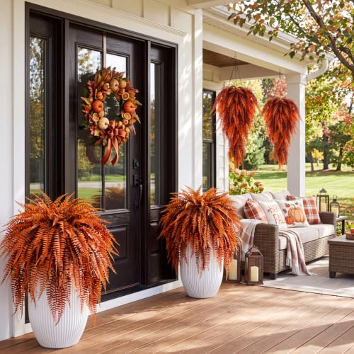 Daifunli 8 Pcs Artificial Fall Hanging Plants Fake Hanging Ferns Plastic Autumn Faux Plants for Wall Room Garden Garland Indoor Outdoor Decor No Basket (Fall Boston) - style: Fall Boston