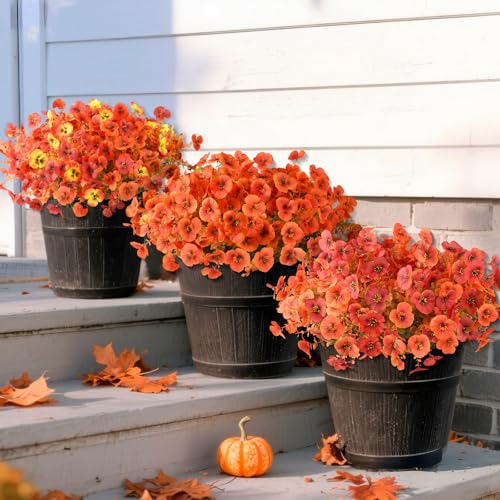 INQCMY Artificial Fall Flowers for Outdoor, 12 Bundles Faux Pansy Fake Mums Flowers Plants Outdoor Fall Decor, UV Resistant No Fade Silk Flower for Porch Planter Patio Yard Garden(Orange Autumn Red) - color: Orange Autumn Red